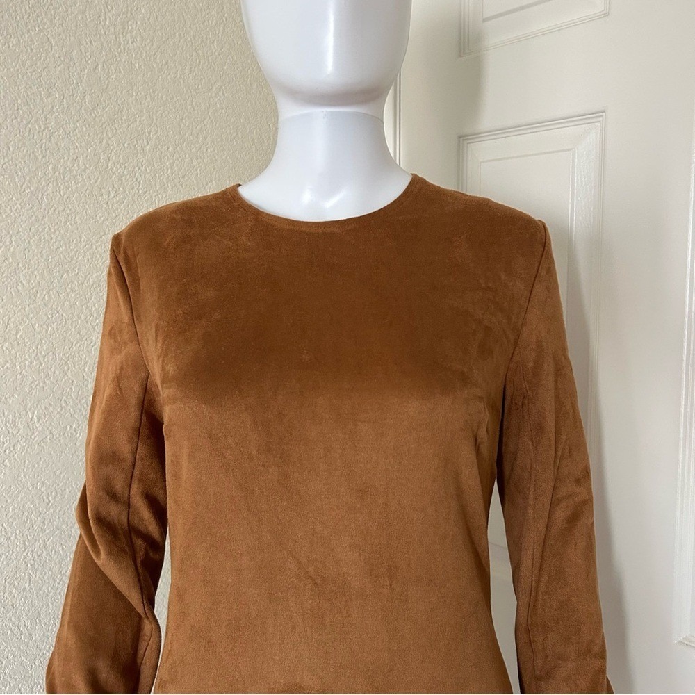 Mistress Rocks Long Sleeve Round Neck Tan Vegan Suede Asymmetric mini Dress - L - Picture 3 of 8